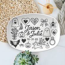 طبق زفاف مخصص لعيد الهالوين | هدية زوجين غوثية مع الأسماء والتاريخ | طبق تذكاري زواج مرعب | حب اليقطين الشبح - ديكور فقط - متعدد الألوان - مشاهدة 3