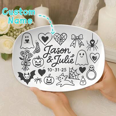 Custom Halloween Wedding Platter | Gothic Couple Gift With Names & Date | Spooky Marriage Keepsake Dish | Ghost Pumpkin Love- DECOR Only