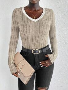 Damen Lässig Elegant gerippter Slim Fit V-Ausschnitt Strickpullover, langärmelige vielseitige figurformende Top, Winter warme Basisschicht, Damen Herbst/Winter Bekleidung