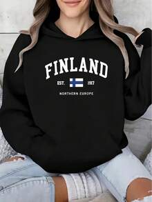 Women's Finland Hoodie - Heather Gray Casual Pullover With Finnish Flag & "EST 1917 NORTHERN EUROPE" Print, Machine Washable All-Season Comfort Sweatshirt For Women, Hooded Neckline, Comfortable - 黑色 - 查看 3