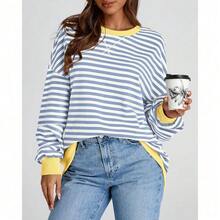 Womens Oversized Striped Sweatshirt Crewneck Long Sleeve Pullover Top Casual Y2K Spring Clothes 2026 Workout Shirt,Vacation Outfits Women,Valentine Outfits For Women,Street Photography - Xanh be trắng - Xem 6