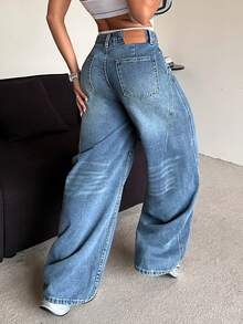 Women's Flared Leg Split Hem Design Jeans - Medium Wash - View 6