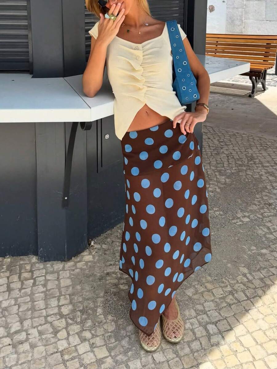 Women's Y2K Polka Dot Skirt Low Waist Midi Skirts Sheer Mesh Half Skirt Fashion Vintage Summer A Line Skirts Cute Dot Print Skirt For Party Beach Going Out Aesthetic Outfit Streetwear - 卡其色 - 查看 1
