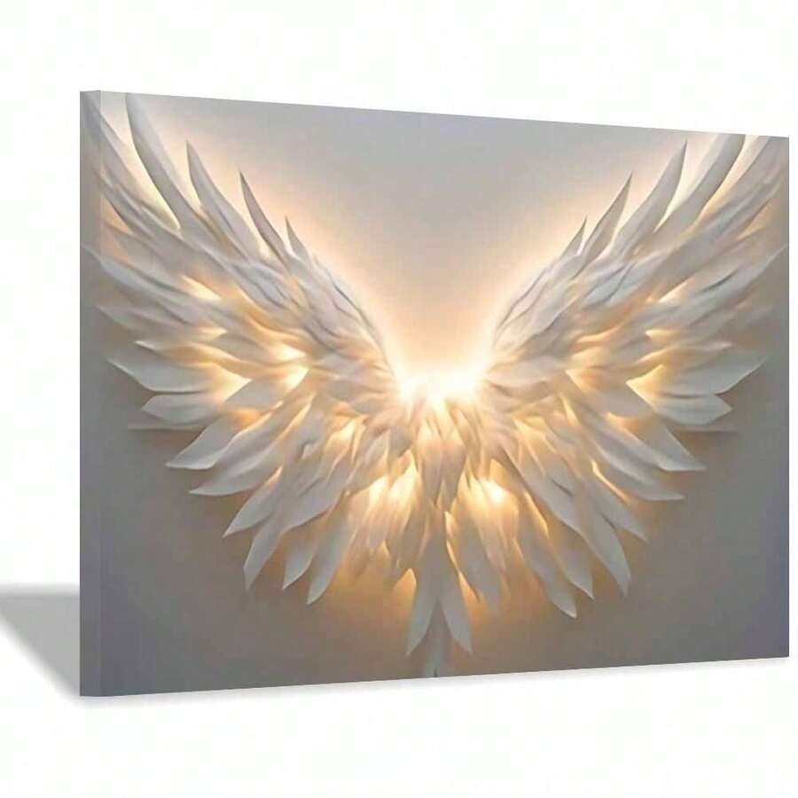 1Pc Framed Ready To Hang Angelic Style Canvas Wall Art, White Wings Pattern Wall Decor For Living Room, Bedroom, Office, Sacred Artwork For Home Decoration ! White - 白色15 - 查看 1