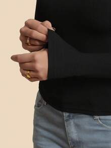 1 peça, blusa de manga comprida com forro térmico, gola falsa, cor sólida, casual, slim fit, versátil, adequada para agasalhos, esportes, ioga - Preto - Ver 8