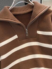 Autumn/Winter New Women Striped All-Match Pullover Sweater, Fashion High-End Simple Zipped Knitted Top - Cà phê nâu - Xem 4