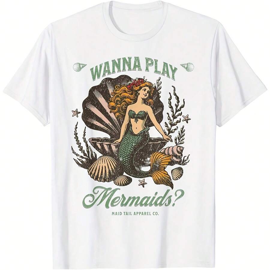 Want To Play Mermaids Funny Cute Girls Summer Vation Vibes T-Shirt68 - 白色7 - 查看 1