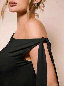Women's Bodysuit With Tie Bow And Asymmetrical Neckline, Sleeveless, Ideal For Romantic Dates, Casual, Vacation And Summer - 黑色 - 查看 4