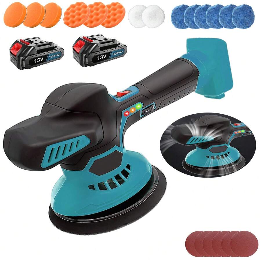 Cordless Car Buffer Polisher Compatible With Makita Battery, Cordless 6 Inch Orbital Buffer With 2 Battery & 6 Speed, 125mm Brushless Motor Car Buffer For Boat, Car Polishing And Waxing - 藍色 - 查看 1