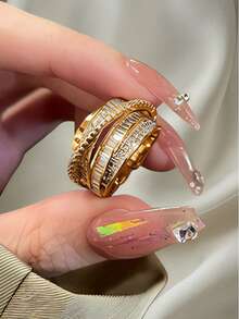 1 件奢华多层环绕开口戒指，镶嵌锆石，简约时尚高端个性化可调节百搭戒指 - 香檳金色 - 查看 2