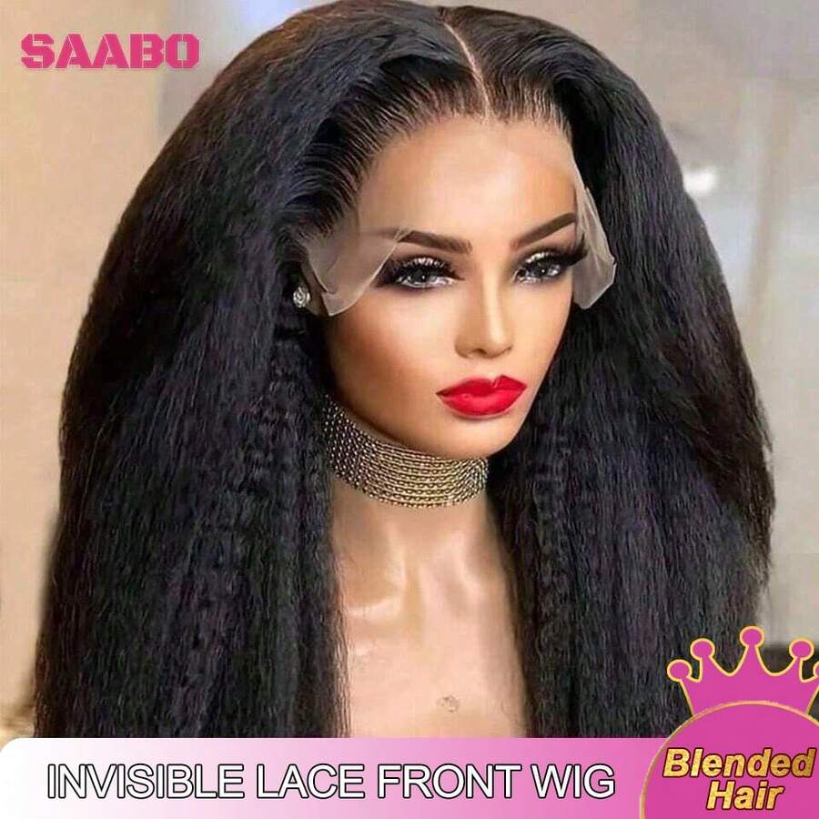 卷曲直发假发 Yaki 直发混纺真人发假发 24英寸 13x4 卷曲直发假发 180密度巴西蕾丝前假发 自然发色 卷曲高品质 自然色