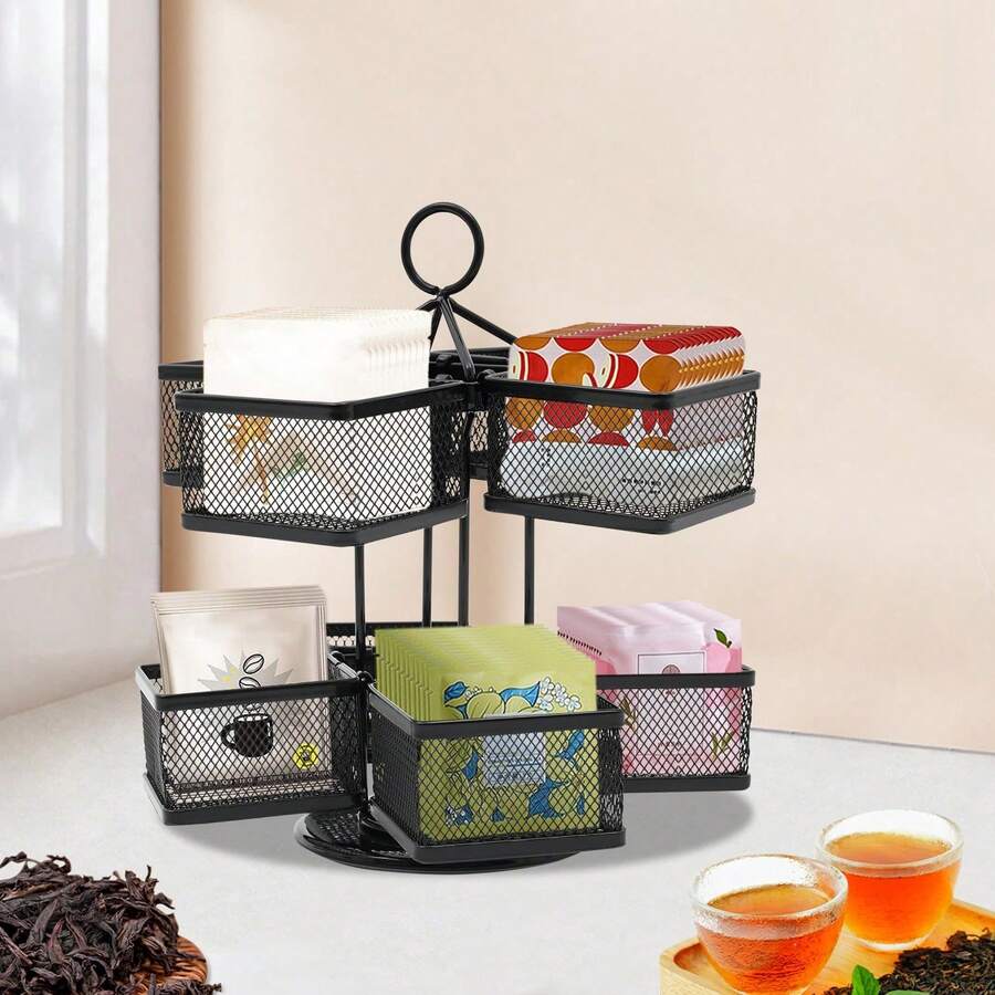 Porte-sachets de thé rotatif noir à deux étages, porte-sachets de thé amovible avec 8 compartiments - Noir - Voir 1