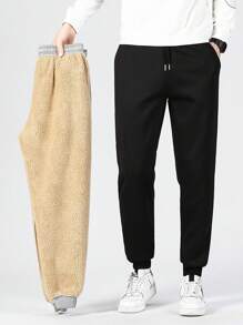 2 件加厚仿羊羔绒运动裤，温暖抽绳腰部休闲裤，适合冬季通勤、办公室、工作服；宽松舒适的居家休闲裤 - 彩色 - 查看 3