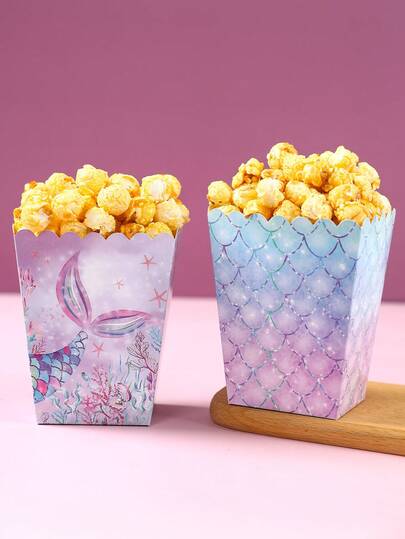 10pcs Mermaid Theme Popcorn Boxes, Food Boxes, Mermaid Birthday Party Decorations, Mermaid Theme Party Chip Boxes, Fried Chicken Boxes, Cookie Boxes, Babe Shower Decorative Dessert Boxes Donut Display Boxes, Wedding Decorative Candy Boxes