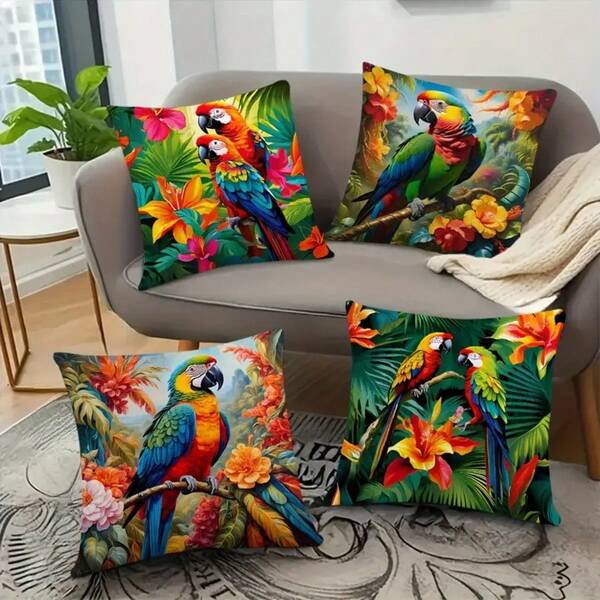 4 pezzi Set di federe per cuscini con pappagalli tropicali e fiori. Porta l'energia vivace dei tropici nella tua casa! Questo set da 4 pezzi presenta pappagalli dai colori vivaci immersi in lussureggianti fiori ed elementi esotici. Perfetto per aggiungere un tocco vivace e ispirato alla giungla a soggiorni, patii o spazi a tema spiaggia. Ideale per chi ama design ricchi di natura che evocano un senso di avventura e calore.