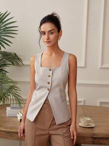 女士方领短袖纽扣前开衩下摆休闲宽松舒适吊带背心，Old Money 短款上衣，露背上衣商务休闲 - 卡其色 - 查看 4