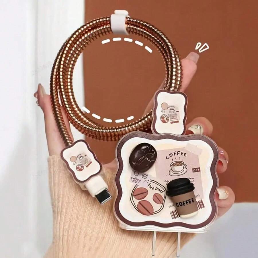 5pcs/Set Gaming/Coffee Pattern 1.5m Durable Cable Protector, Compatible With IPhone 12/13/14 18/20W Fast Charging Cable, Friend Gift Charger Protector Charger Case Phone Accessories - Coffee Brown - View 1
