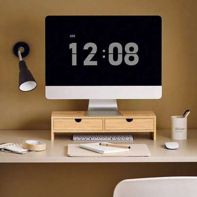 SoBuy FRG198-N, Bamboo Monitor Stand Computer Screen Monitor Stand Monitor Riser Desk Organizer With 2 Drawers Desk Monitor Stand With Drawer Monitor Riser Computer Stand Desk Shelf Studio Furniture Home Office FurnitureOffice Furniture Khaki Morden Style Minimal Style Nordic Style