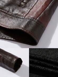 Men's Outdoor Winter Plus Fleece Motorcycle Style PU Leather Jacket, Solid Color Stand Collar Pilot Letter Patch Zipper Leather Jacket.