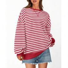 Womens Oversized Striped Sweatshirt Crewneck Long Sleeve Pullover Top Casual Y2K Spring Clothes 2026 Workout Shirt,Vacation Outfits Women,Valentine Outfits For Women,Street Photography - 紅白 - 查看 3