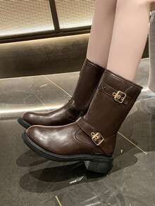 Botas Estilosas Femininas, Botas de Cavaleiro Estilo Britânico, Botas Curtas Versáteis de Ajuste Slim com Zíper Lateral Vintage, Botas para Primavera/Outono, Botas de Cano Médio Femininas de Couro com Salto Grosso