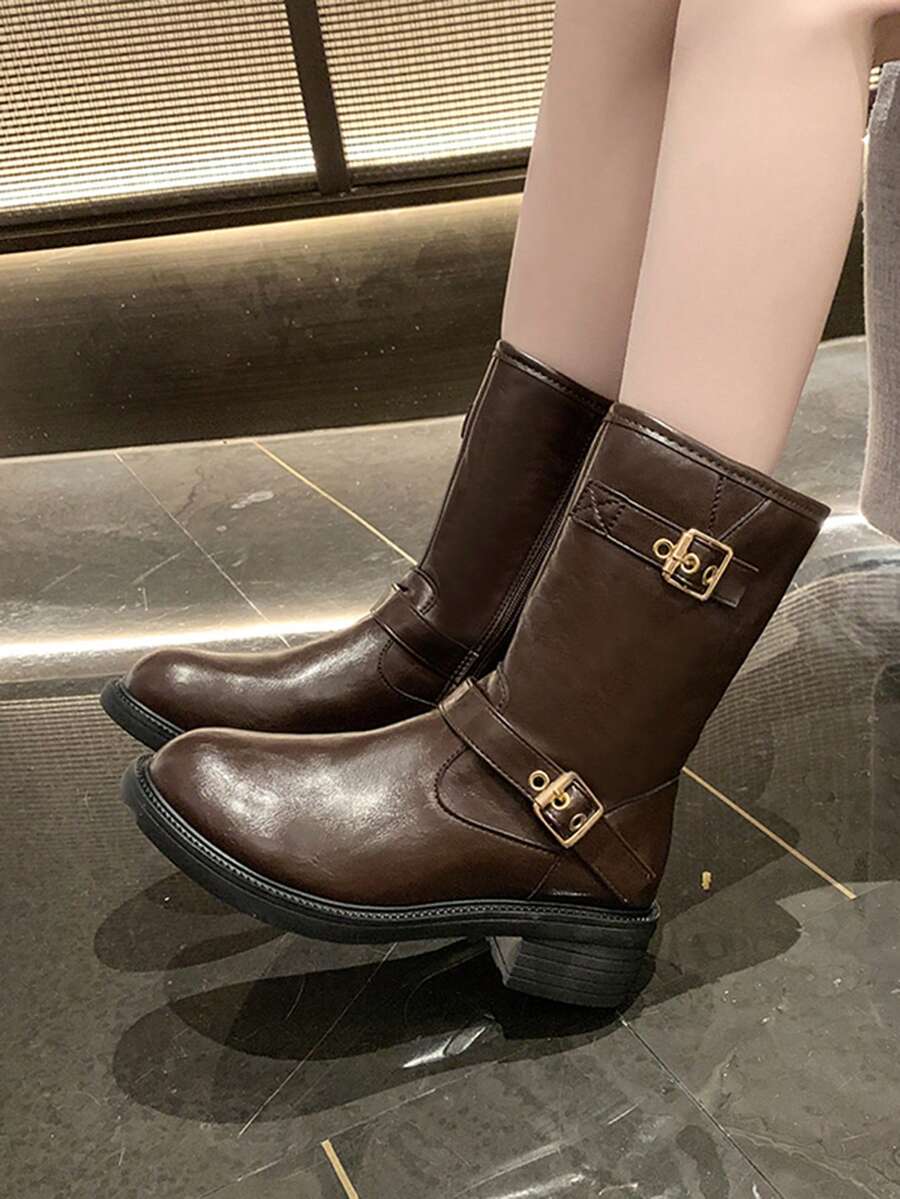 Botas Estilosas Femininas, Botas de Cavaleiro Estilo Britânico, Botas Curtas Versáteis de Ajuste Slim com Zíper Lateral Vintage, Botas para Primavera/Outono, Botas de Cano Médio Femininas de Couro com Salto Grosso