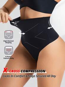 Women Cross Super High Waist Tummy Control Thongs Double Layer Seamless Brief No Show Panty Girdle Body Shaping Underwear Soft Daily Shapewear Bottom - Black - View 3