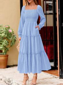 PRETTYGARDEN Women Elegant  Maxi Dresses For Fall Boho Long Sleeve Smocked A Line Ruffle  Wedding Guest Holiday Party Long Dress With Pockets New Years Valentine Vacation Spring Dresses For Women Vestidos Elegantes De Mujer - 淺藍色 - 查看 4