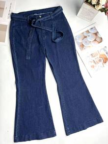 春夏女装加大码纯色系带弹力喇叭牛仔裤，适合日常休闲穿着 - 藍色 - 查看 9