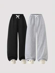 2pcs/Set Girls Wide Leg Pants, Fashion Versatile Solid Color Minimalist Style, Black & Grey, Loose Fit, Long Pants, Autumn 2025 - Multicolor - View 2