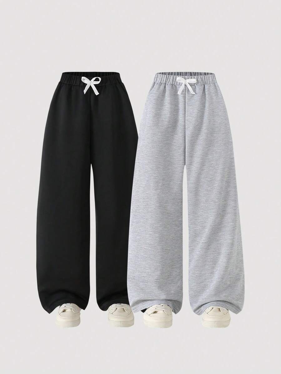 2pcs/Set Girls Wide Leg Pants, Fashion Versatile Solid Color Minimalist Style, Black & Grey, Loose Fit, Long Pants, Autumn 2025