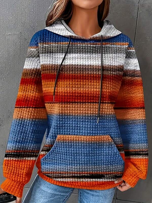 1pc Plus Size Casual Loose Stretchy Pullover Hoodie Sweatshirt, Women Striped Print Hooded Sweatshirt With Pockets & Drawstring, Autumn/Winter