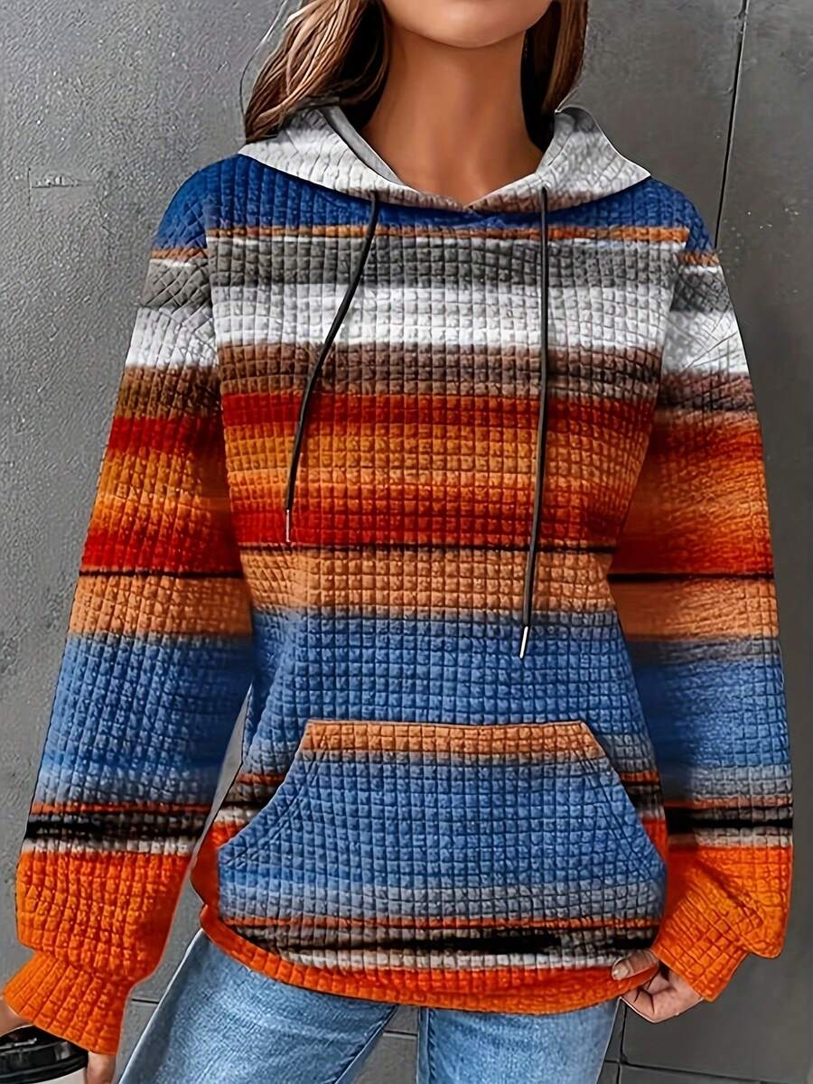 1pc Plus Size Casual Loose Stretchy Pullover Hoodie Sweatshirt, Women Striped Print Hooded Sweatshirt With Pockets & Drawstring, Autumn/Winter