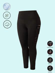 Plus Size Women Mesh Patchwork Yoga Fitness Pants, Mesh Patchwork Pocket Design, Suitable For Yoga, Fitness, Jogging - Black - View 2