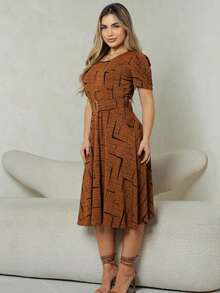 Midi Dress With Removable Belt Puff Sleeves Round Neck - 棕色焦糖 - 查看 1