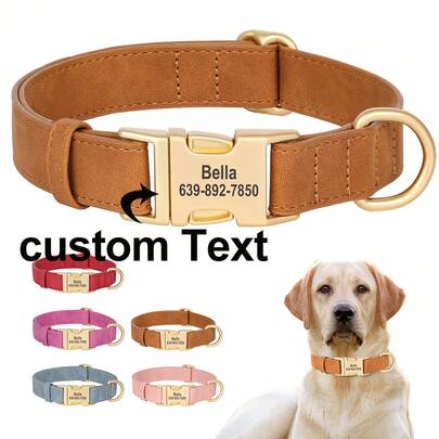 Upgraded PU Engraved Dog Collar With Comfortable Lining, Personalized Simple & Stylish Pet Collar, Anti-Lost Adjustable ID Tag