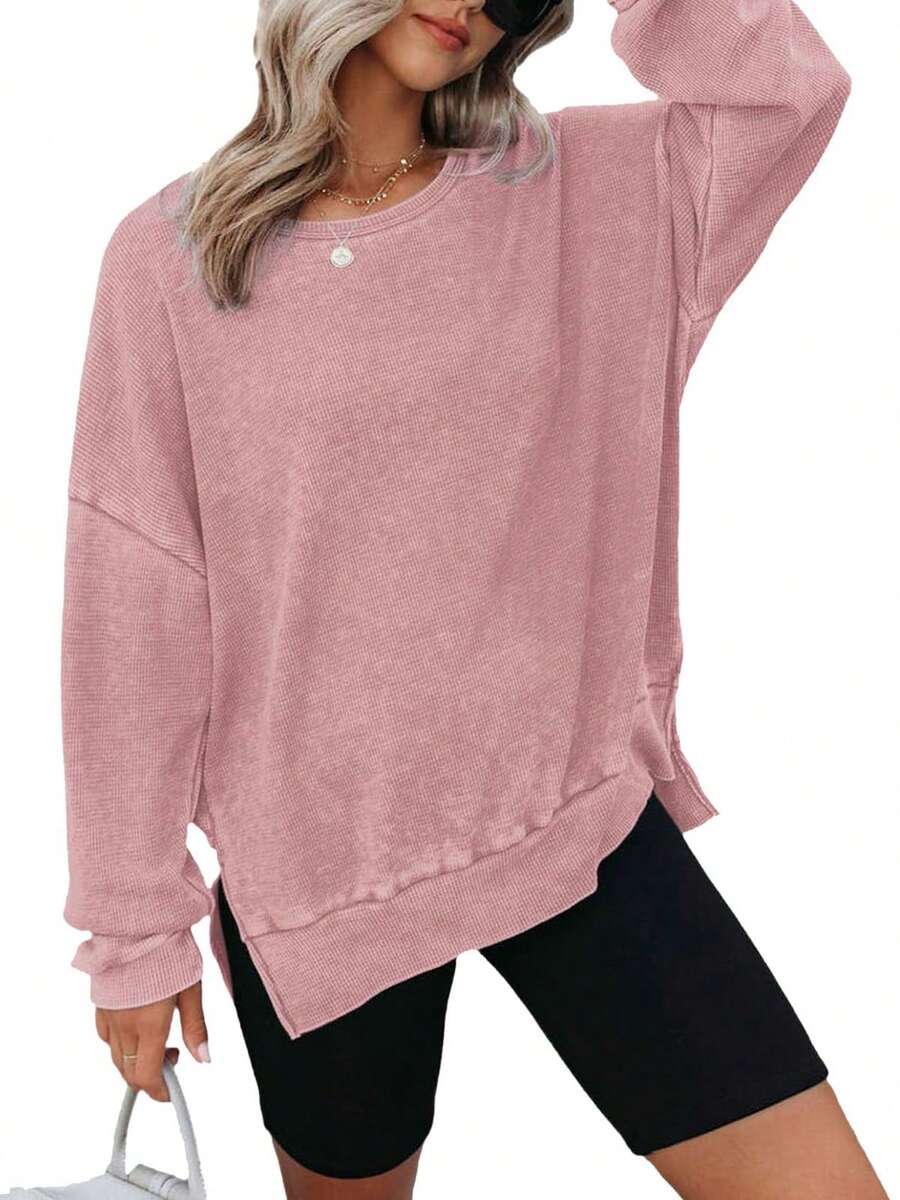 Yesfashion Womens Oversized Sweatshirts Crewneck Waffle Knit Pullover Blouses Long Sleeve Side Slit Sweatshirt Tops - 粉紅色 - 查看 1