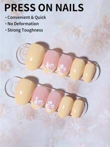 Elevate Your Style With , 24Pcs Short Oval Flowers And Yellow French Press On Nails Set , Macaron Candy Color Full Fit Acrylic Fake Nails, Contain 1pc Jelly Glue And 1pc Nail File, Suitable For Women And Girls'daily Work, Study, And Parties Use Nail Supplies - Multicolor - View 3