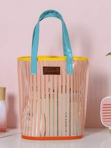 1个大号女士沙滩手提包，防水防沙，带拉链口袋，女士游泳包，彩色条纹装饰，适合存放洗漱用品、化妆品、收纳物品，也适合学校、大学、宿舍、邮轮旅行、沙滩必备品、沙滩巾收纳、沙滩配件、夏季度假必需品。 - 彩色 - 查看 2