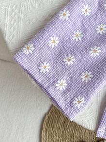 2pcs Girls Daisy Print Blue Plaid Top And Pants Set, Summer