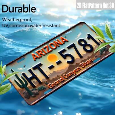 שלט לוחית רישוי מתכת וינטג' דו-ממדי שטוח עם תמונות של אריזונה - 15x30 ס"מ, קישוט קיר עם נוף קקטוסים ומדבר, מתאים לבית, בר, מוסך, מערת גברים | מתנה מושלמת לחג וציור קיר רטרו, גודל חור אקראי
