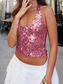 Women Y2k Sparkly Sequin Halter Tops Crop Glitter Sleeveless Open Backless Crop Tank Top Open Back Camisole Tops Slim Fitted Vest Shirt Summer Going Out Tops Party Clubwear Vintage Aesthetic Clothes - 粉色 - 查看 3