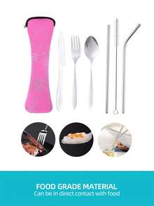 7pcs Stainless Steel Portable Cutlery Set- Knife, Fork, Spoon, Straight Straw, Curved Straw, Straw Brush, With Portable Bag, Suitable For Outdoor Camping, Picnic, Student Canteen Use, Kitchen, Christmas Gift,School Supplies - Pink - View 3