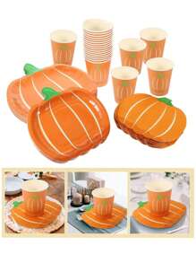 10/20 件万圣节南瓜纸盘和杯子餐具，南瓜盘杯餐巾适用于万圣节派对感恩节和家庭聚会 - 橘色 - 查看 1