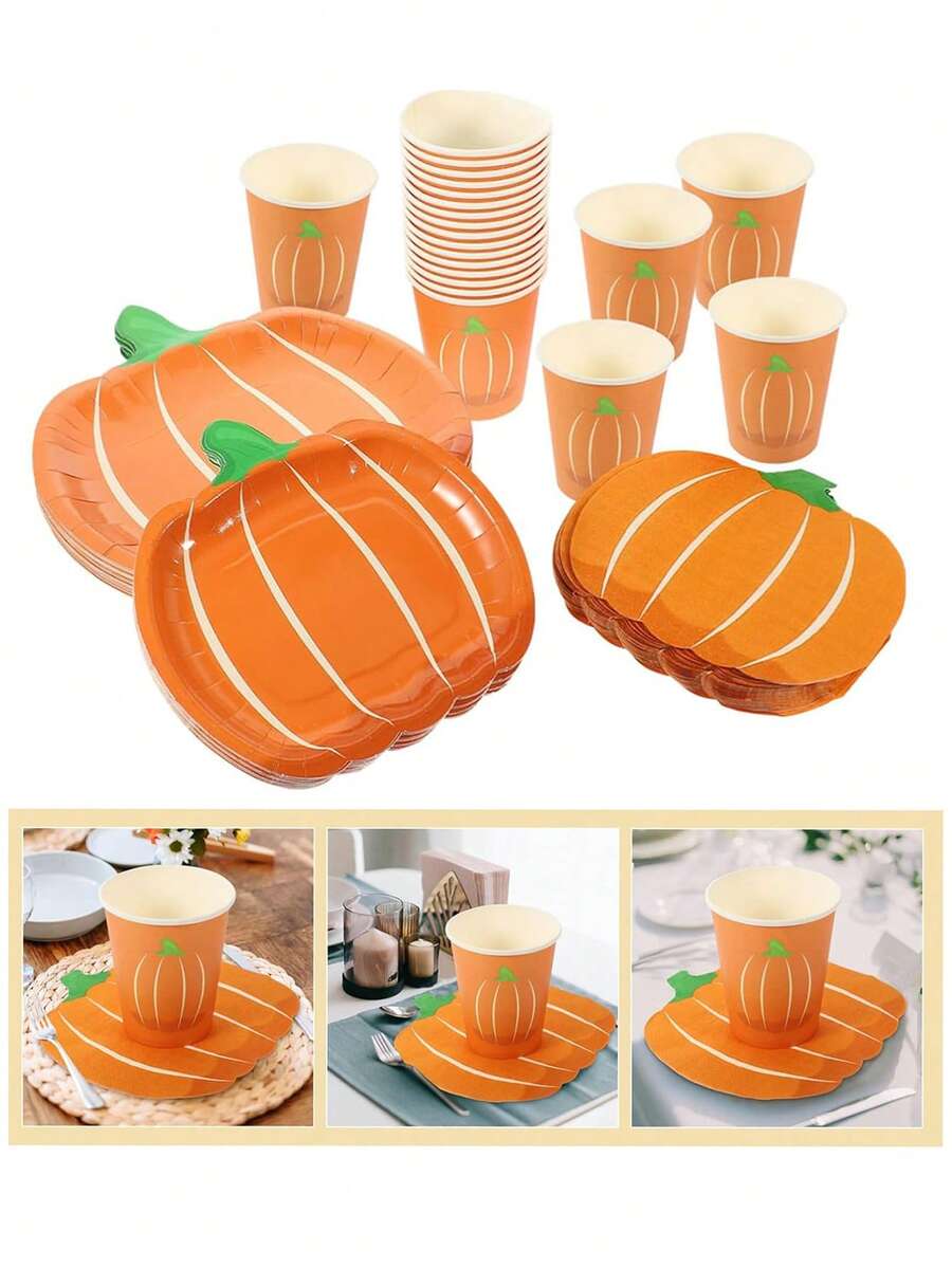 10/20 件万圣节南瓜纸盘和杯子餐具，南瓜盘杯餐巾适用于万圣节派对感恩节和家庭聚会 - 橘色 - 查看 1