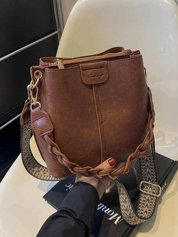 Mini Summer Fashion Texture Solid Color PU Bucket Bag Retro Versatile Women's Shoulder Bag Retro Versatile Hand-Held Bucket Bag, Fashionable Woven Hand-Held Lock Shoulder Bag Suitable For Work, Mobile Phone, Lipstick, Change Storage, Small Bag, Square Box Bag, Shoulder Crossbody Bag
