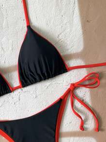 2pcs/Set Women Leopard Print Spaghetti Strap Tie Sexy Bikini Set, Suitable For Beach Vacation And Halloween Wear, Summer 2025 - Black and Red Brocade - View 5