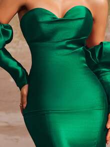 VIPGIRL 祖母绿缎面美人鱼礼服，露肩泡泡袖，心形领口，优雅长款正式礼服，奢华红毯礼服，魅力晚装，高级定制灵感派对礼服，尽显魅力，适合婚礼宾客 - 墨綠色 - 查看 9