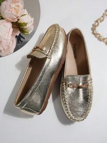 Women's Plus Size Wide Fit Flat Shoes, Brown Color With Butterfly Decor, Handmade Stitching, Casual Slip-On Loafers For Spring Autumn Travel, Sporty Style - Gold - View 5