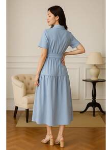 Linen Midi Dress With Lining, Buttons And Structured Collar - Màu xanh lam - Xem 2